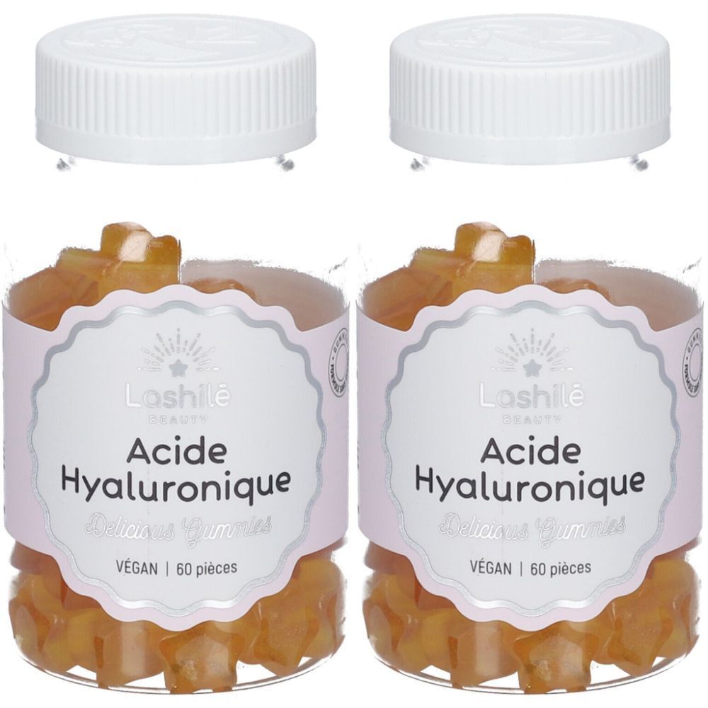 Deux flacons de gummies. Inscription: Lashilé Beauty, Acide Hyaluronique, 60 pièces, vegan. Bouchons blancs.