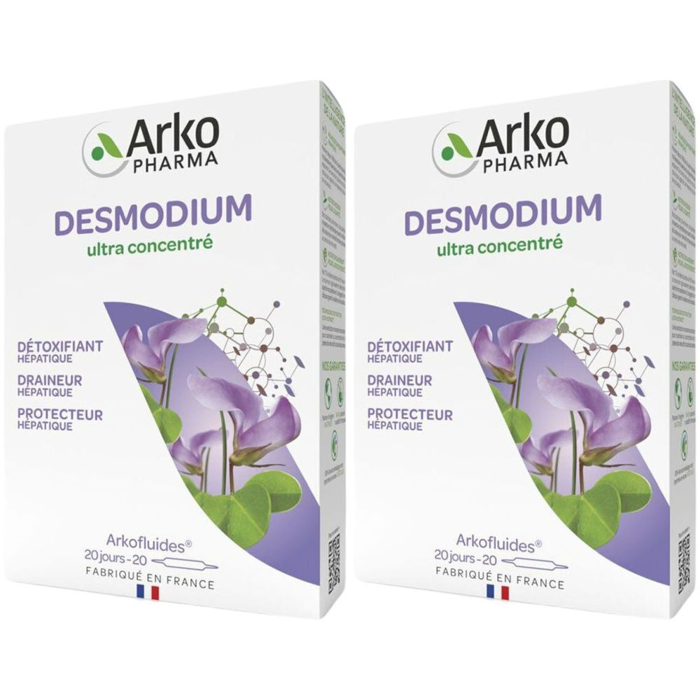 Zwei Kartons mit der Aufschrift "DESMODIUM ultra concentré" und dem Logo von Arko Pharma. Französische Flagge.