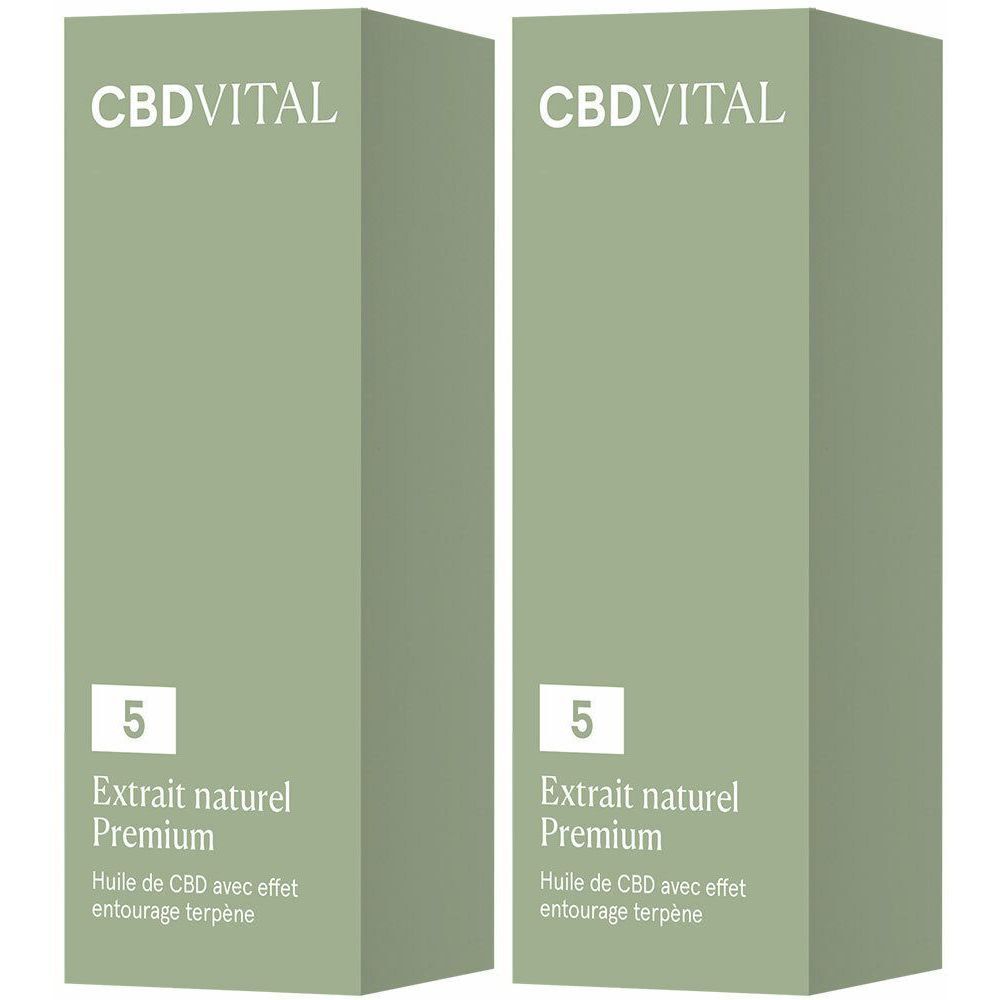 Deux boîtes vertes avec l'inscription CBDVITAL, 5, Extrait naturel Premium. Contient de l'huile de CBD avec effet terpène.