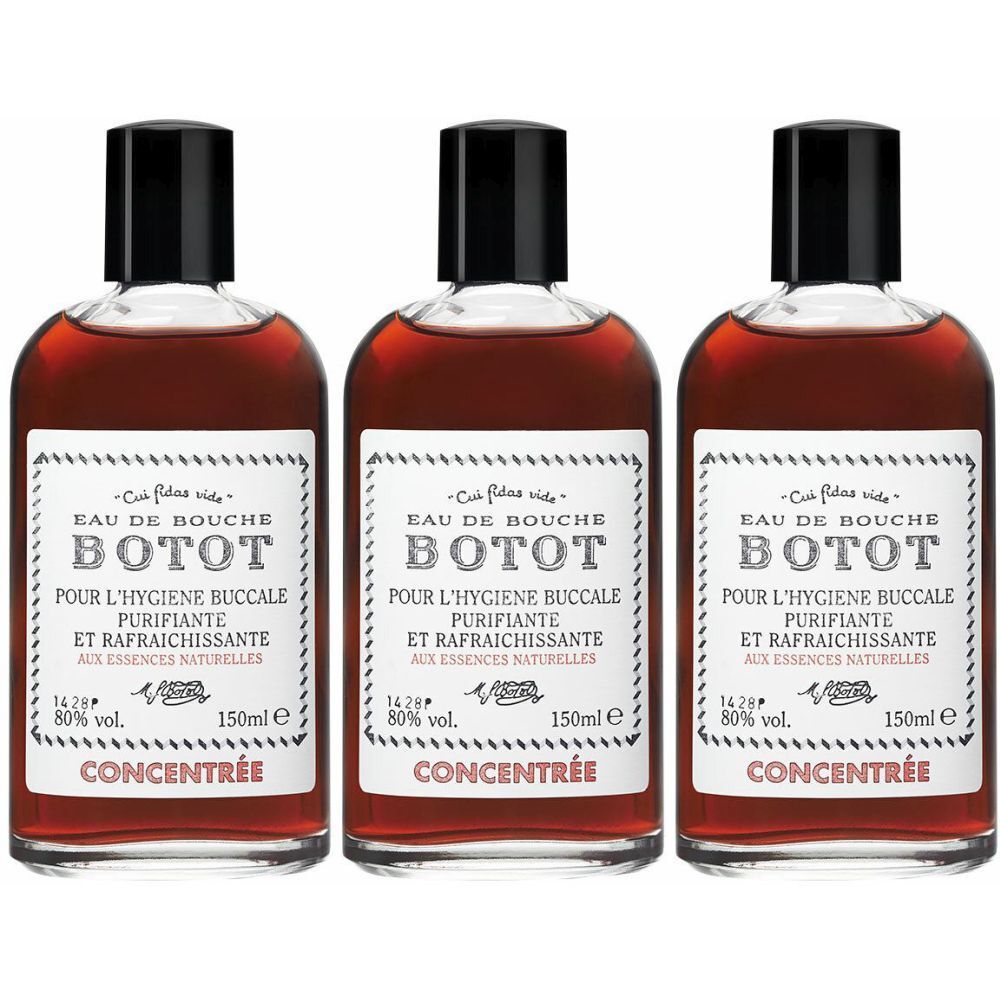 Trois flacons de Botot Eau de Bouche. Flacons en verre avec bouchon noir et étiquette blanche. Inscription : Eau de Bouche, Botot, Concentrée.