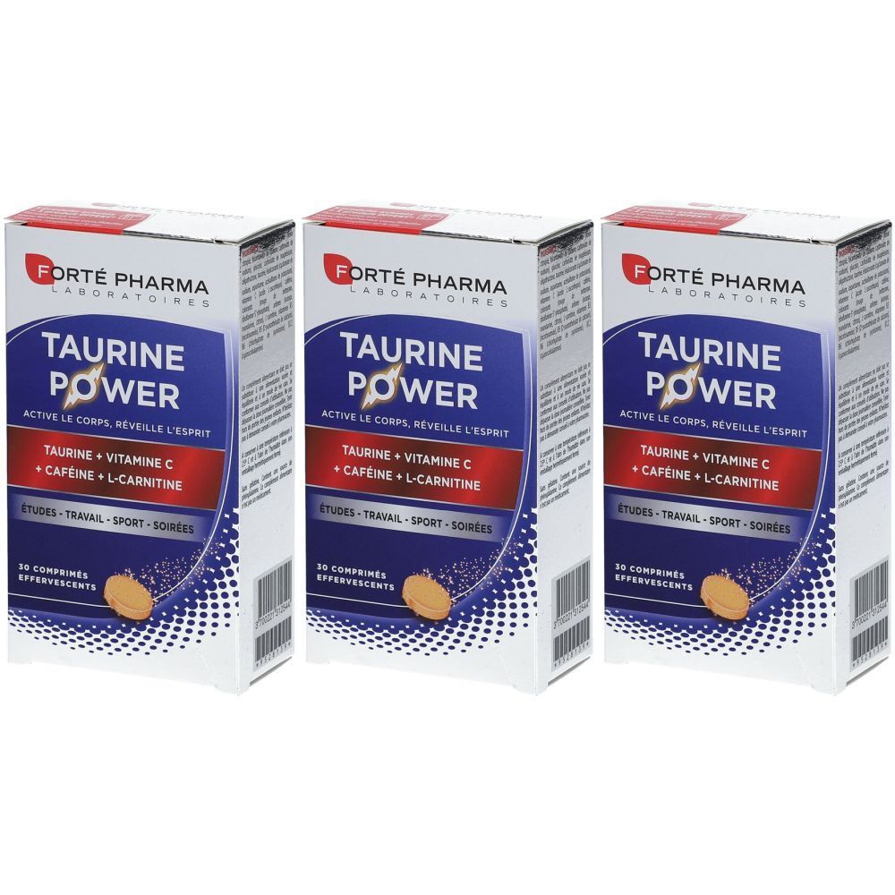 Drei Schachteln mit der Aufschrift "Taurine Power". Blaue und rote Schrift auf weißem Hintergrund. Enthält Taurin, Vitamin C, Koffein und L-Carnitin.