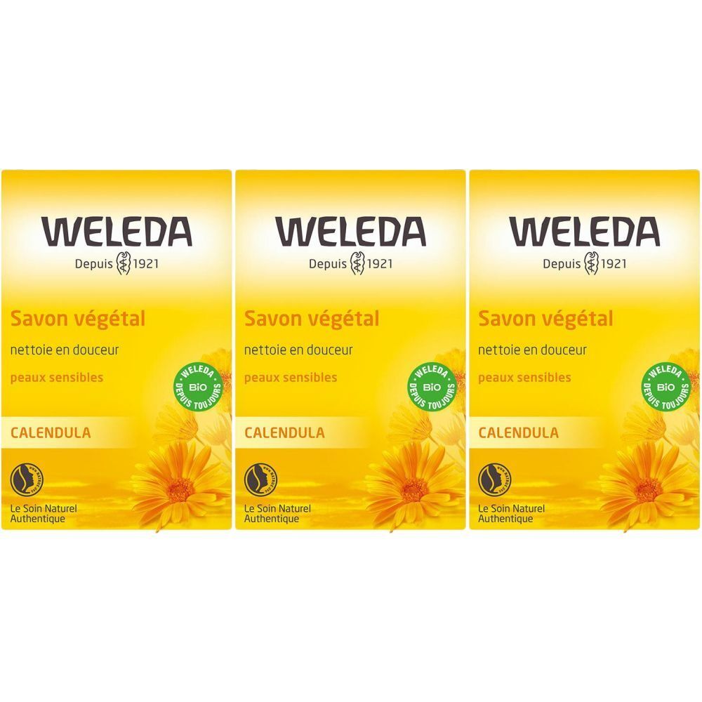Trois emballages jaunes avec logo "WELEDA", "Savon végétal" et "Calendula". Sceau bio et texte "Le Soin Naturel Authentique".