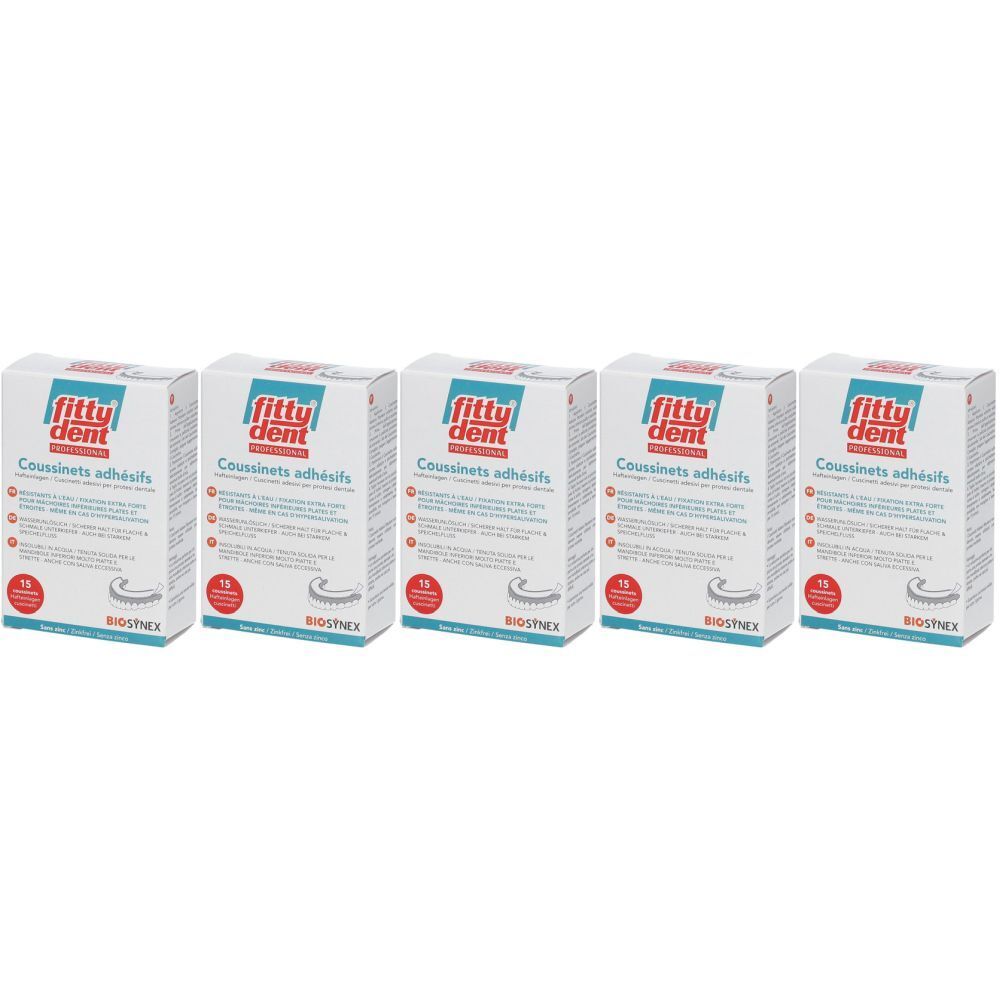 Cinq boîtes avec impression du produit. Inscription : fitty dent, Coussinets adhésifs. Cercle rouge avec le chiffre 15.