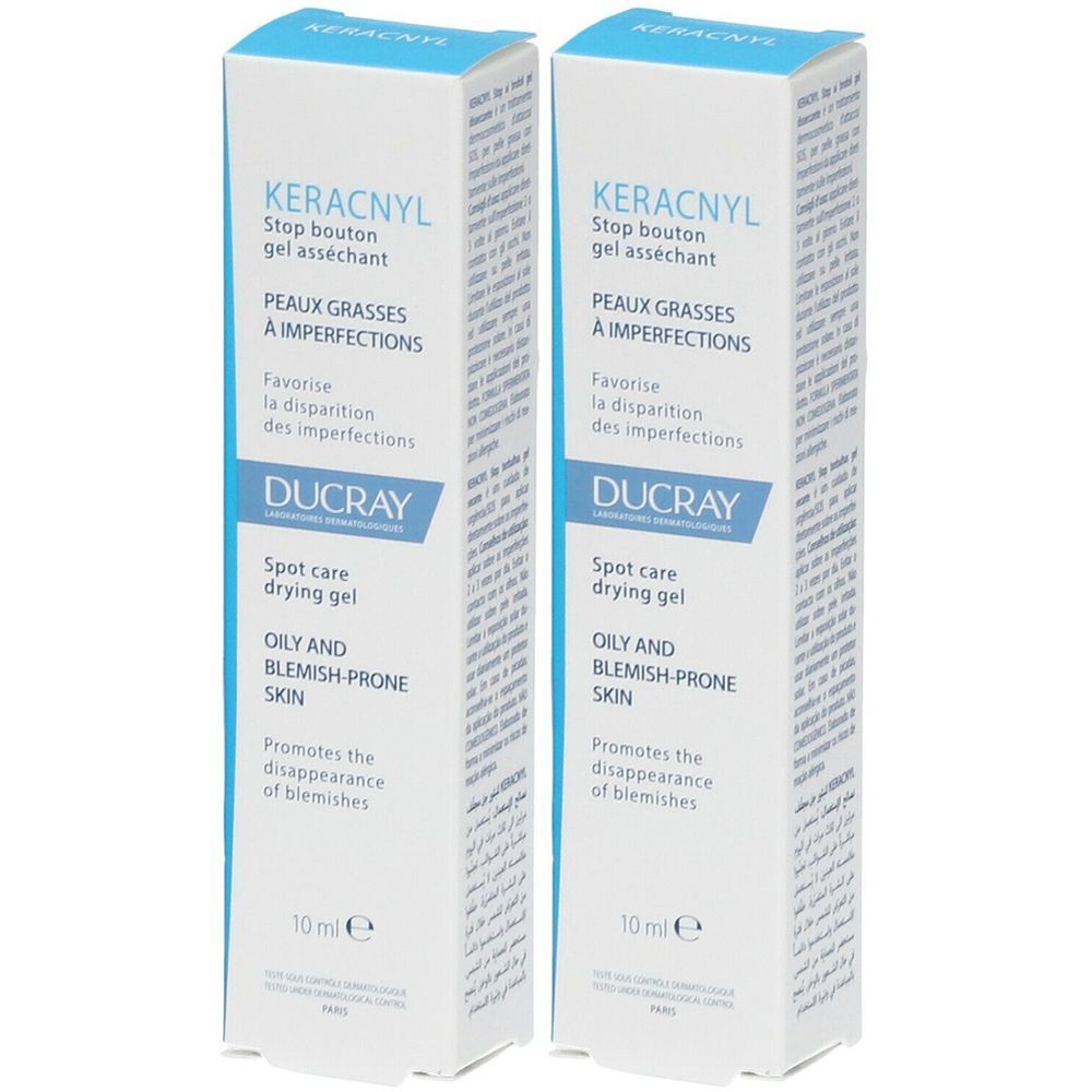 Deux boîtes blanches avec texte bleu. KERACNYL, Stop bouton gel asséchant. Marque DUCRAY. Pour peaux grasses à imperfections. 10 ml.