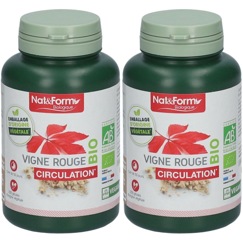 Deux flacons verts avec des couvercles vert clair. Étiquettes : "Vigne Rouge Circulation" et "Nat & Form Biologique". Certification AB Bio.
