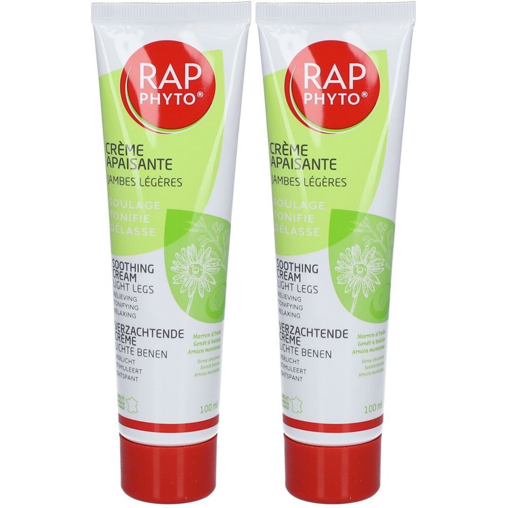 Deux tubes de crème avec bouchon rouge. Inscription : RAP PHYTO, Crème Apaisante, jambes légères. Design vert et blanc.