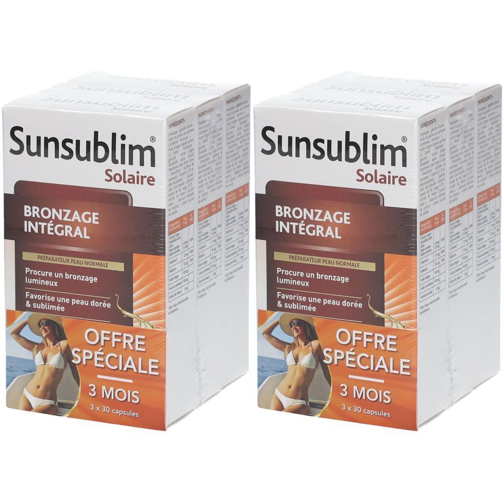 Deux boîtes Sunsublim, avec l'inscription 'Bronzage Intégral' et 'Offre Spéciale 3 Mois'.