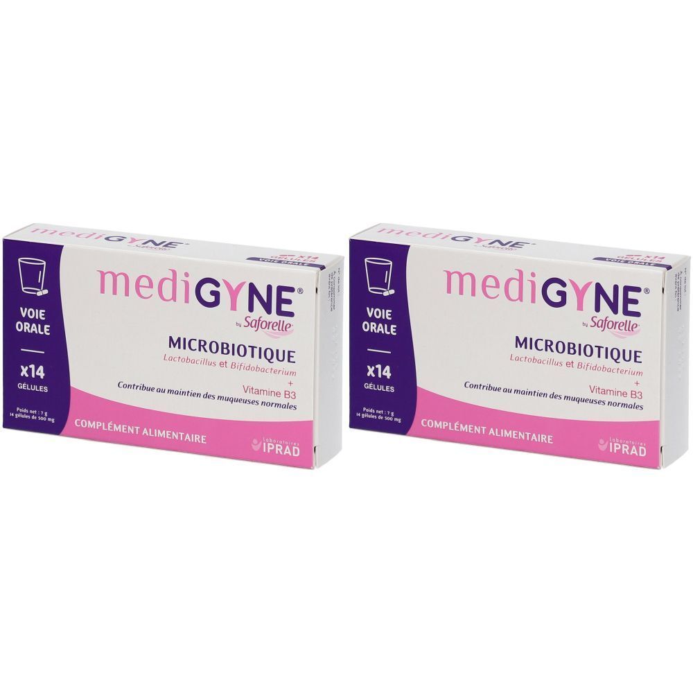 Deux boîtes de mediGYNE, Saforelle. Inscription: MICROBIOTIQUE, VOIE ORALE, x14, COMPLEMENT ALIMENTAIRE. Rose et blanc.
