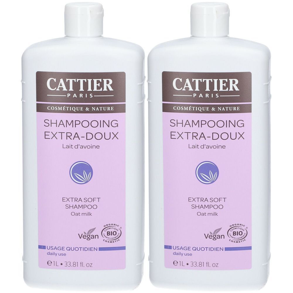 Deux flacons blancs de shampooing. Inscription : Cattier Paris, Shampooing Extra-Doux, Lait d'avoine, Vegan, Cosmétique Bio. Bouchon à vis.