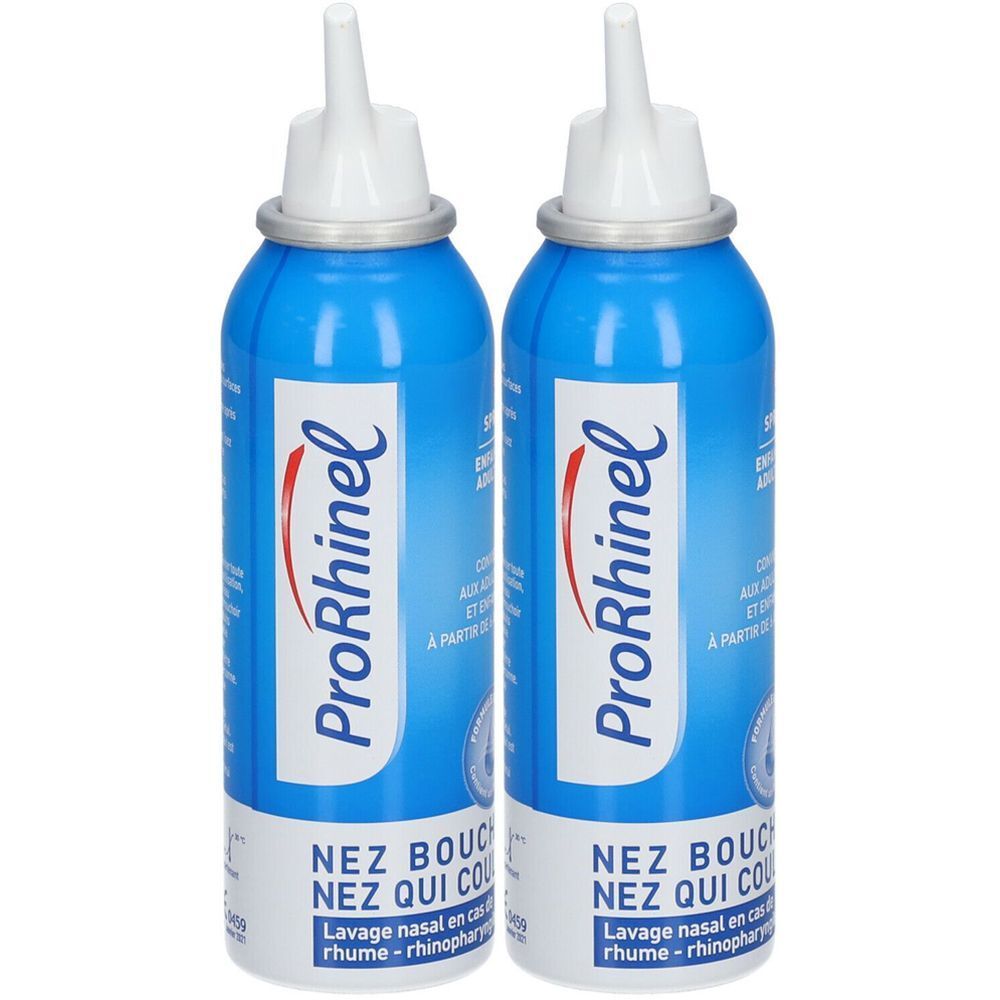 Deux flacons de spray bleus avec embout blanc. Inscription ProRhinel et texte pour le soin nasal.
