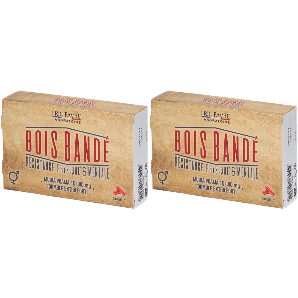 Zwei Schachteln mit dem Produktnamen BOIS BANDE. Aufschrift: RESISTANCE PHYSIQUE & MENTALE. Marke ERIC FAVRE.