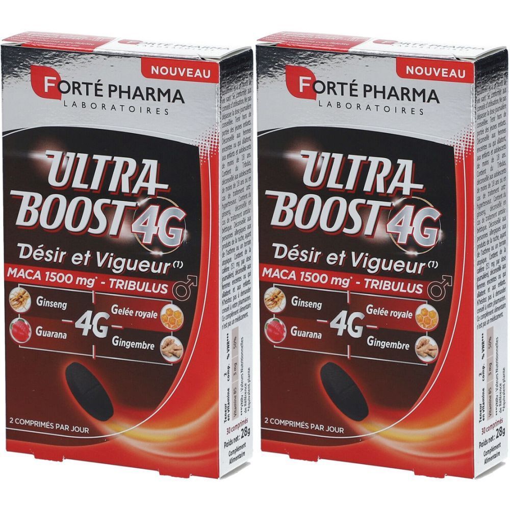 Deux boîtes Ultra Boost 4G. Inscription: Forté Pharma, Désir et Vigueur, 4G, Ginseng, Guarana, Gelée royale, Gingembre.