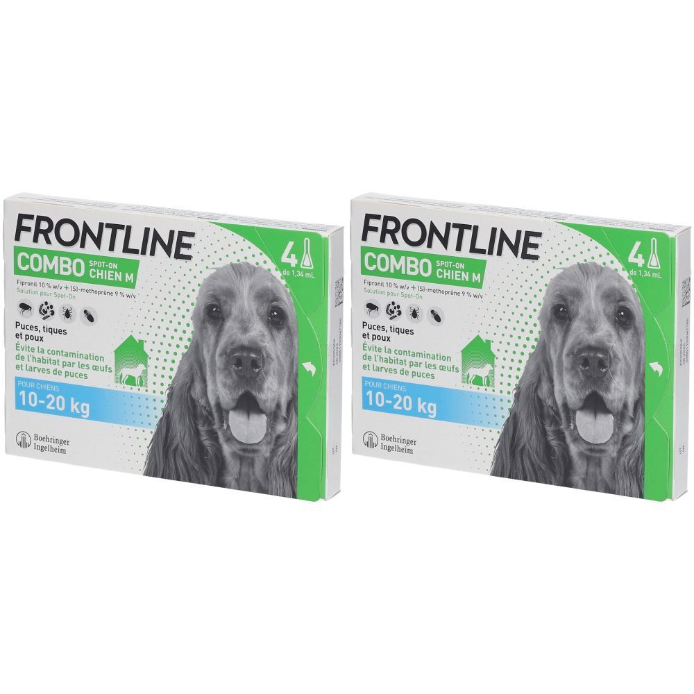 Deux boîtes "FRONTLINE COMBO CHIEN M". Inscription 10-20 kg. Image d'un chien. Emballage vert et blanc.