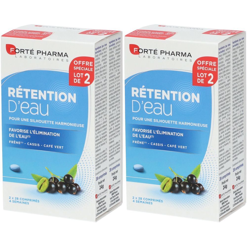 Deux boîtes de "Rétention d'Eau" avec le logo "Forté Pharma". Contient des comprimés et une illustration de fruits.