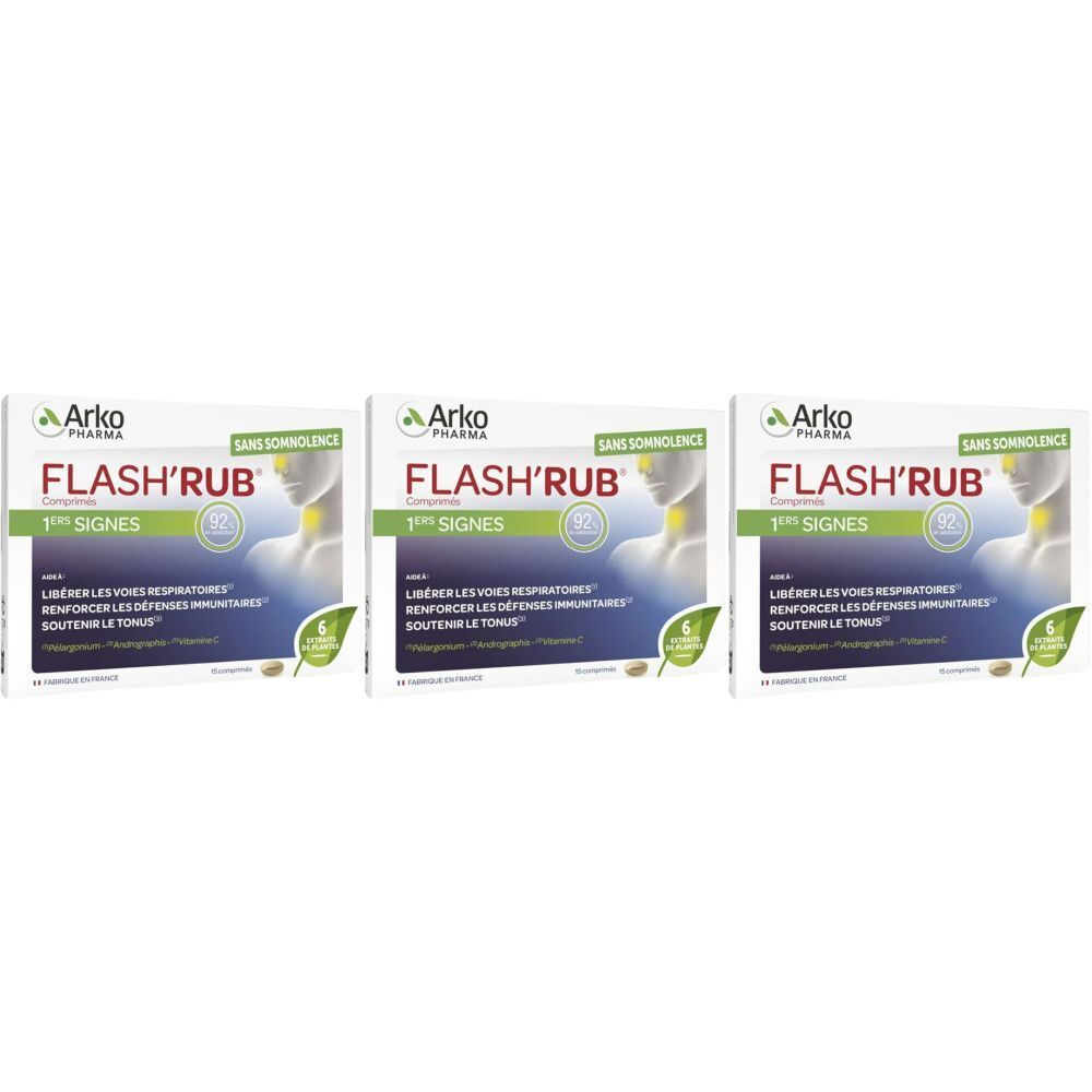Trois boîtes de FLASH'RUB d'Arko Pharma. Inscription : 1ers signes, sans somnolence. Contient 24 comprimés.