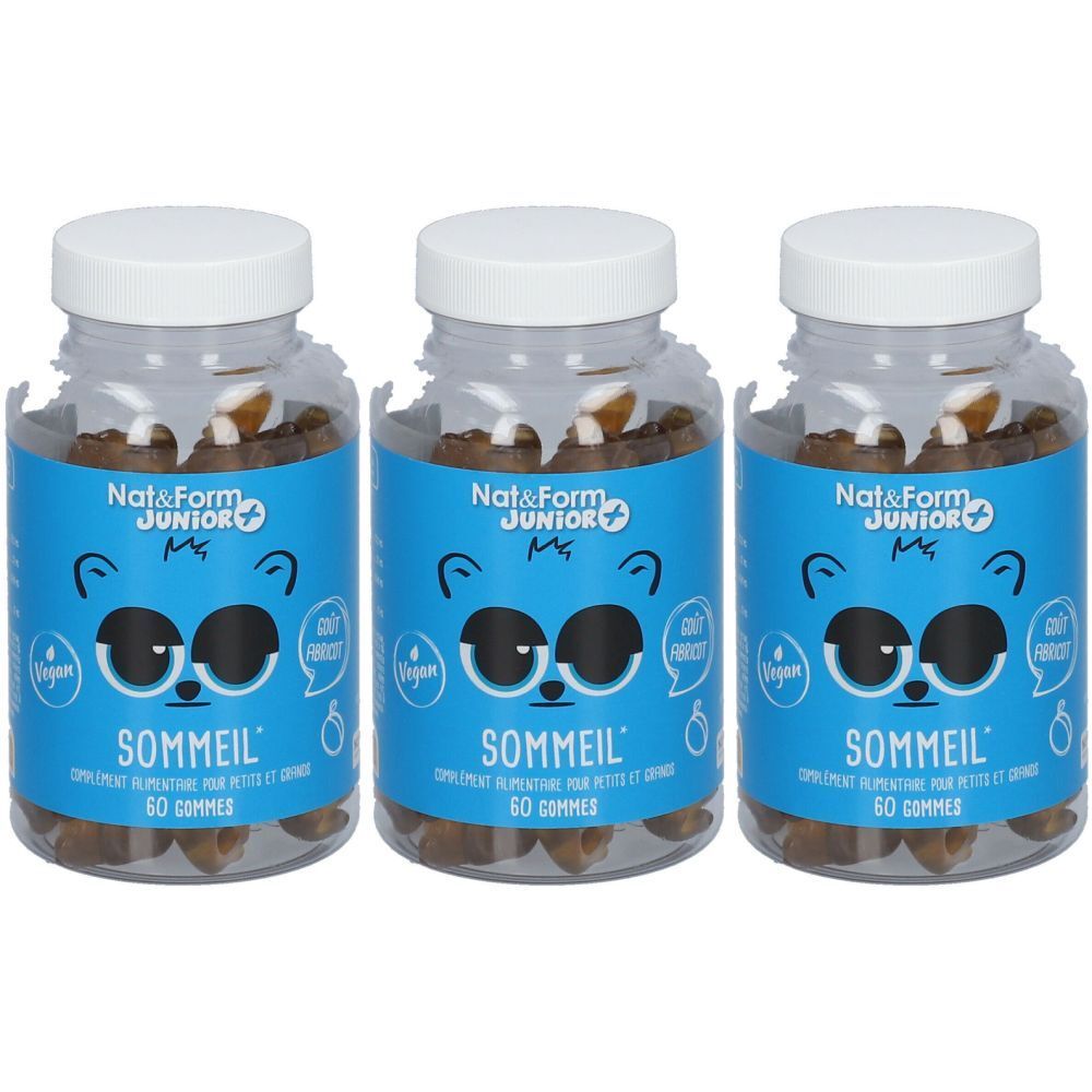 Trois flacons bleus. Étiquettes : Nat & Form Junior, Sommeil, 60 gommes. Logo vegan. Illustration d'ours.