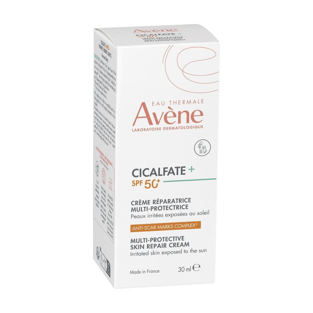 Boîte blanche Avène Cicalfate+ SPF 50+. Inscriptions multilingues, crème réparatrice.