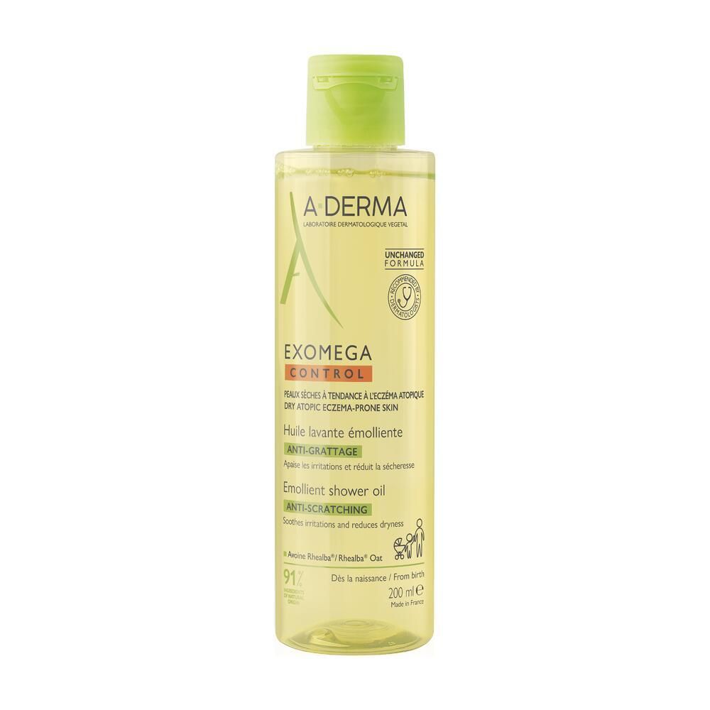 A.DERMA Exomega Control Waschöl. Flasche mit gelber Flüssigkeit, grünem Deckel. Aufschrift: Anti-Kratzer.