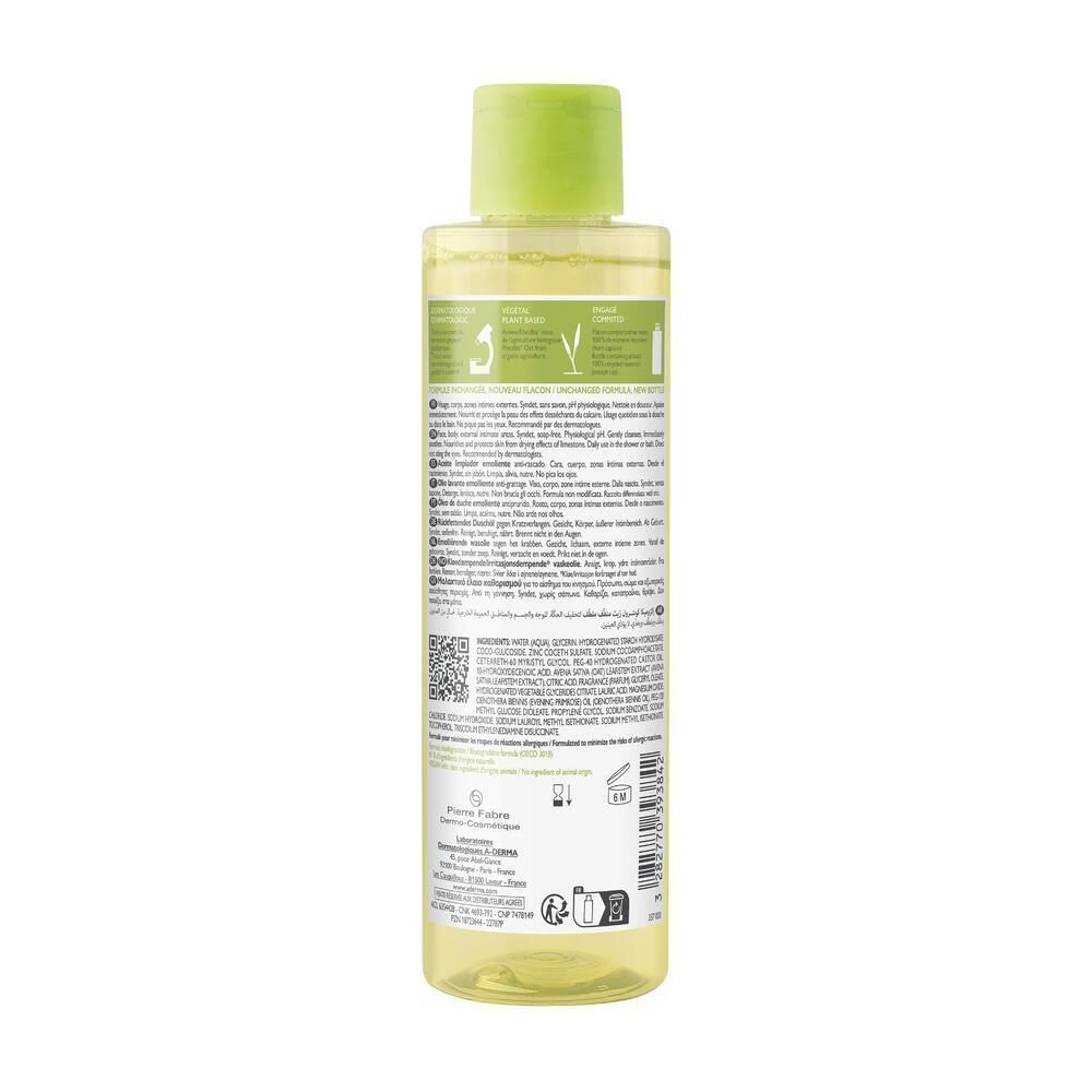 Rückseite der A.DERMA Exomega Control Waschöl-Flasche. Text in mehreren Sprachen, QR-Code, Herstellerinformationen.