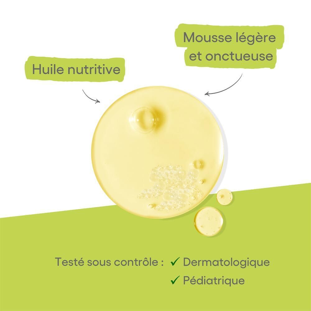 Nahaufnahme von gelber Flüssigkeit. Pfeile zeigen auf: Nährendes Öl, leichte und cremige Schaum.
