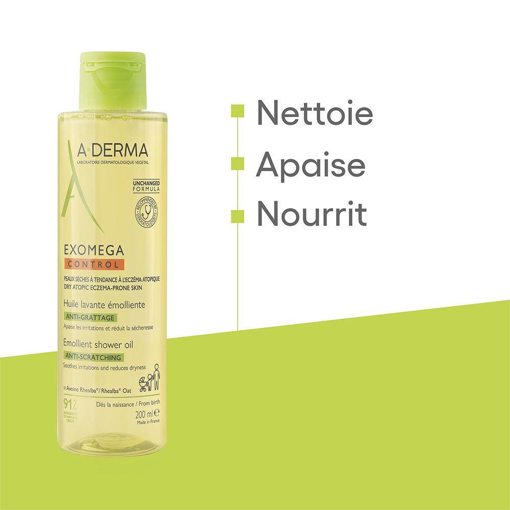 A.DERMA Exomega Control Waschöl. Aufschrift: Reinigt, Beruhigt, Nährt. Flasche mit grünem Deckel.