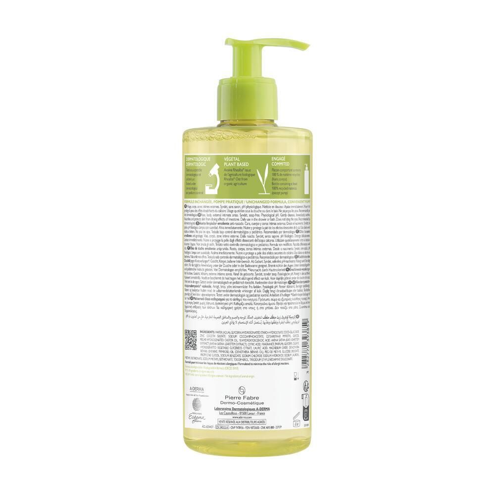 Dos du flacon A.DERMA Exomega Control. Texte et symboles. Écriture verte et blanche. Informations sur le produit.