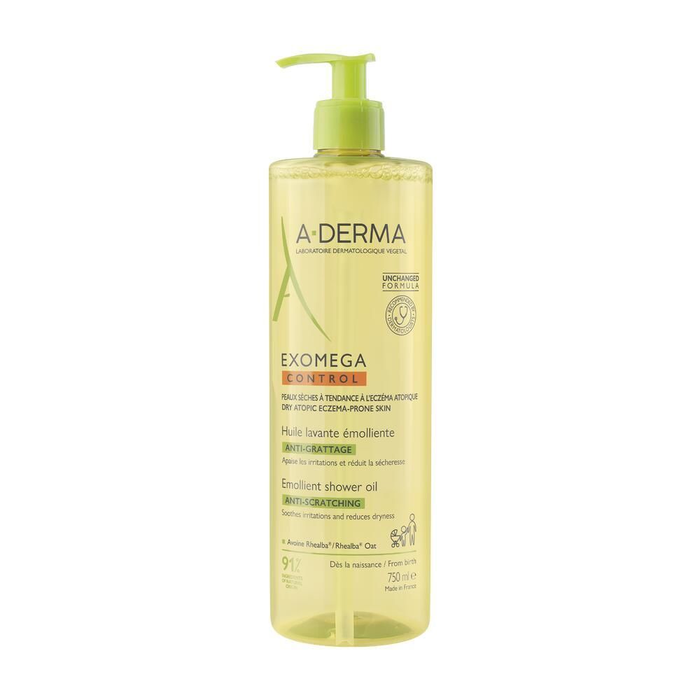 Flacon de 750 ml d'huile lavante émolliente A.DERMA Exomega Control. Pompe verte. Texte et logo visibles.