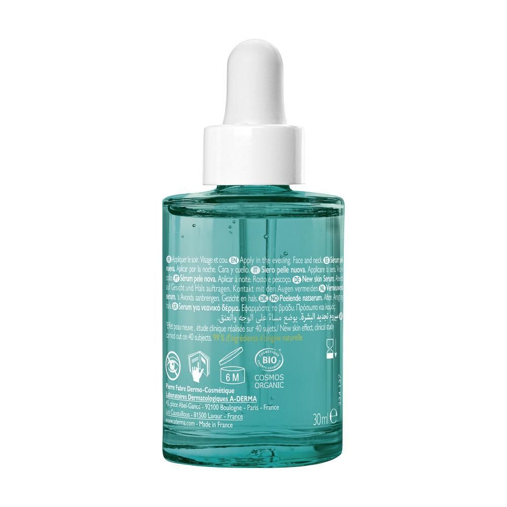 Dos du flacon de sérum A-DERMA BIOLOGY AC. Texte multilingue. 30ml. Certification bio. Symbole 6M.