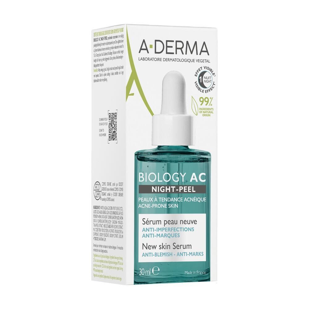 Sérum A-DERMA BIOLOGY AC avec emballage. Flacon avec pipette. Inscription : Night-Peel, Sérum peau neuve. 30ml.
