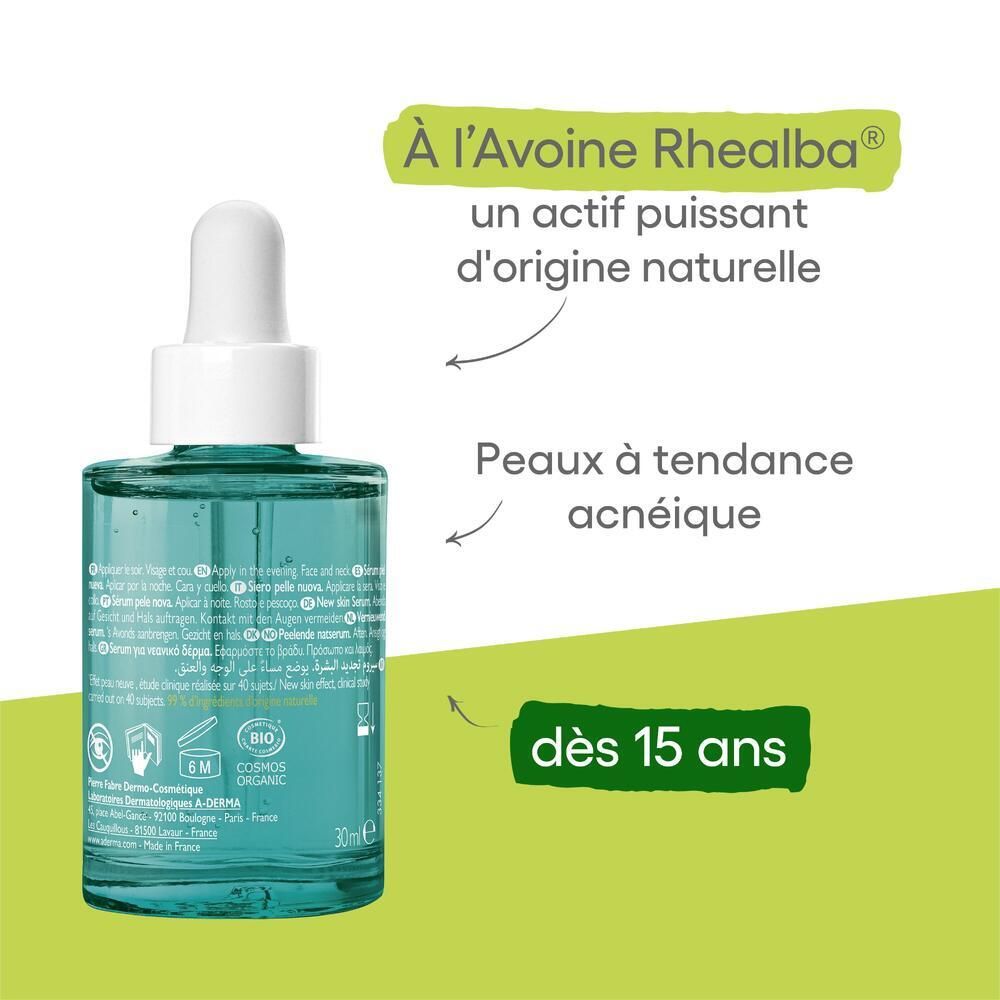 Sérum A-DERMA BIOLOGY AC. Texte : À l'Avoine Rhealba. Pour peaux dès 15 ans. Certification bio. 30ml.