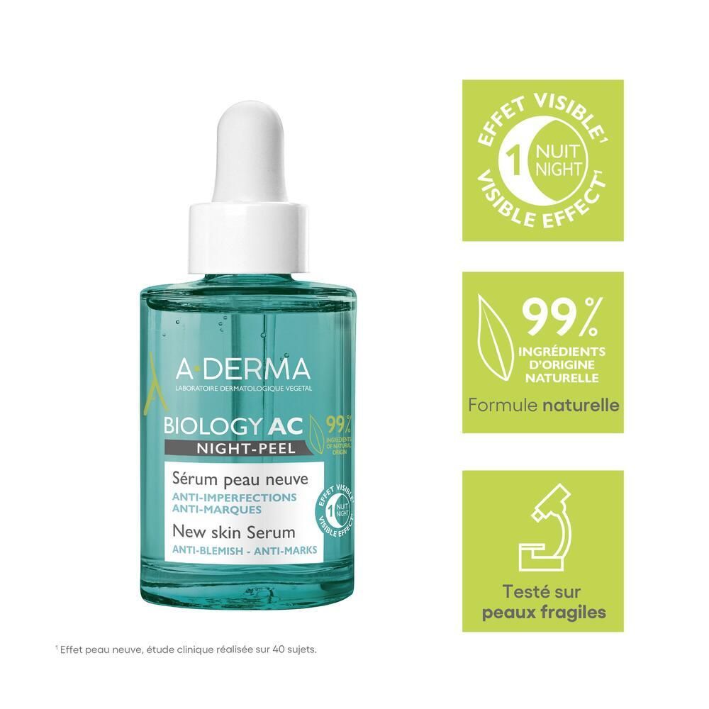 Sérum A-DERMA BIOLOGY AC. Flacon avec pipette. Inscription : Night-Peel, Sérum peau neuve. 99% ingrédients naturels.