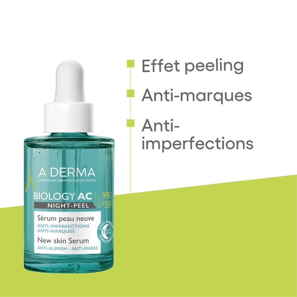 Sérum A-DERMA BIOLOGY AC. Flacon avec pipette. Inscription : Night-Peel, Sérum peau neuve. Propriétés : Anti-marques, Anti-imperfections.