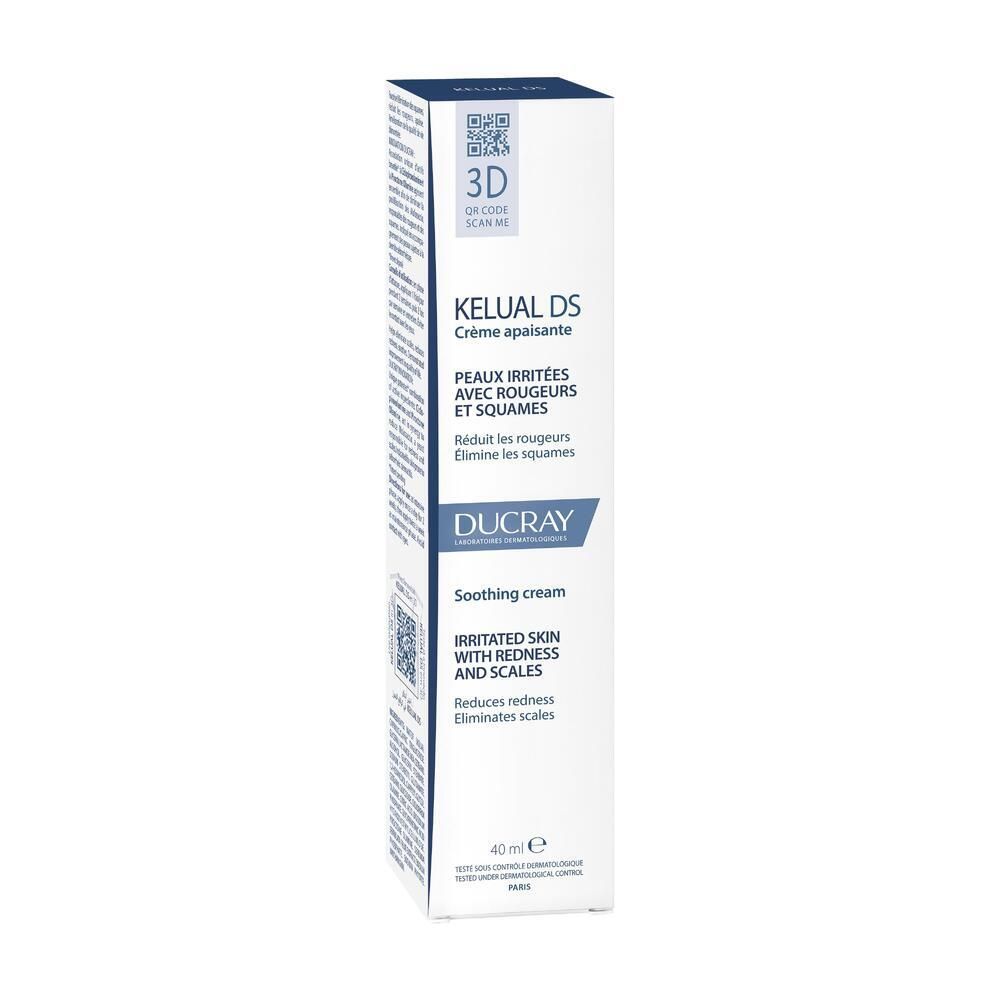 Emballage DUCRAY KELUAL DS. Boîte blanche avec texte bleu. Nom et description du produit.