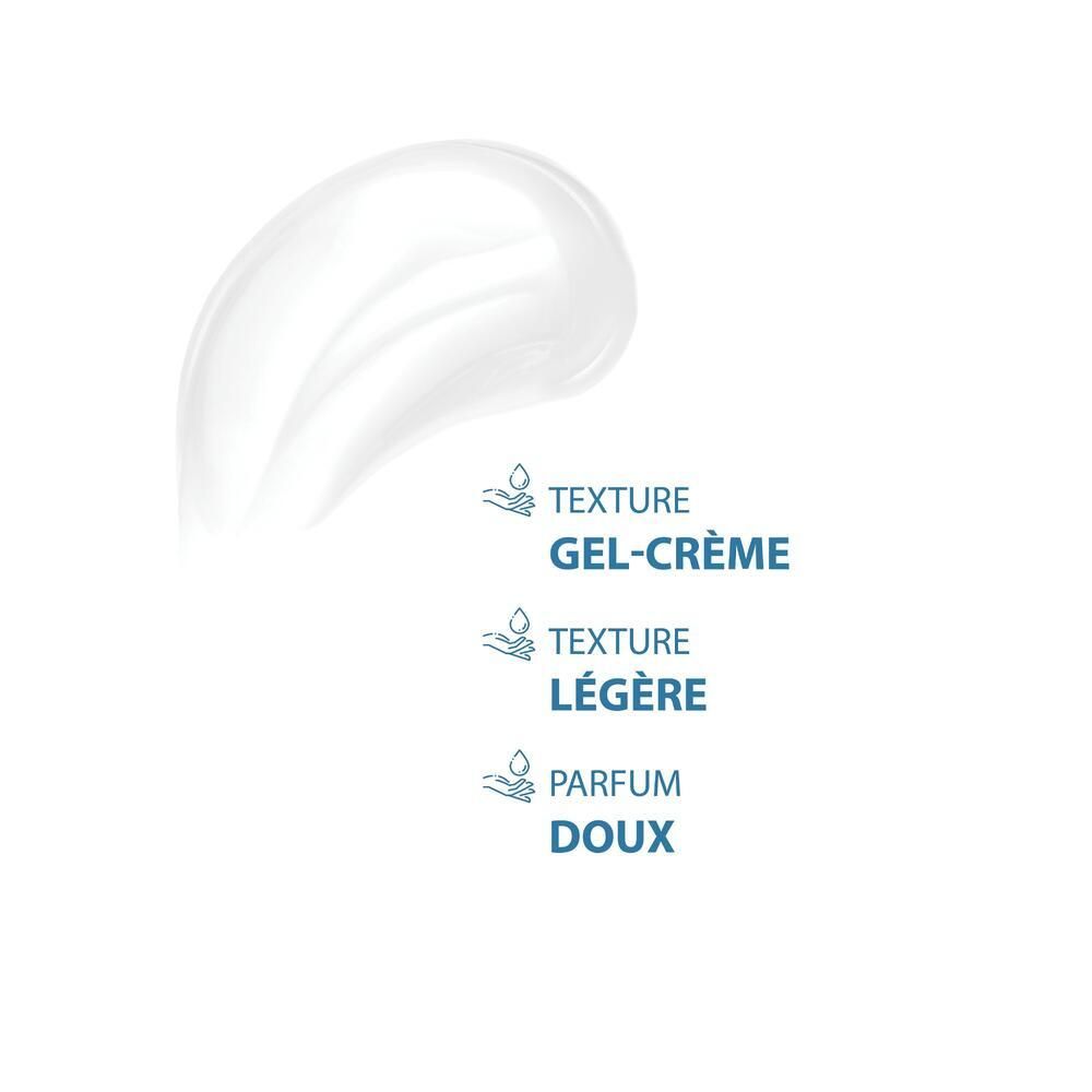 Graphique avec textures : Gel-crème, texture légère, parfum doux.