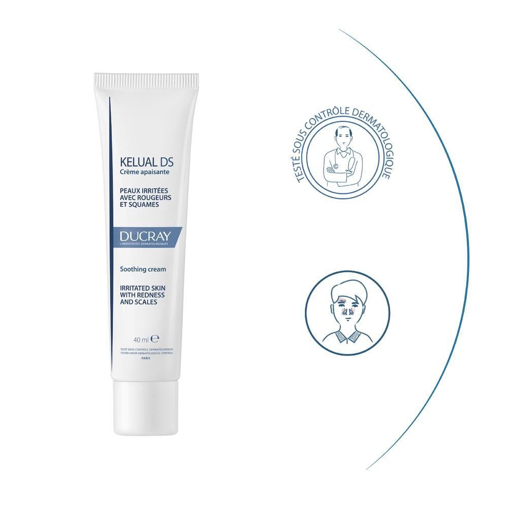 Tube DUCRAY KELUAL DS. Testé dermatologiquement. Image d'une personne.
