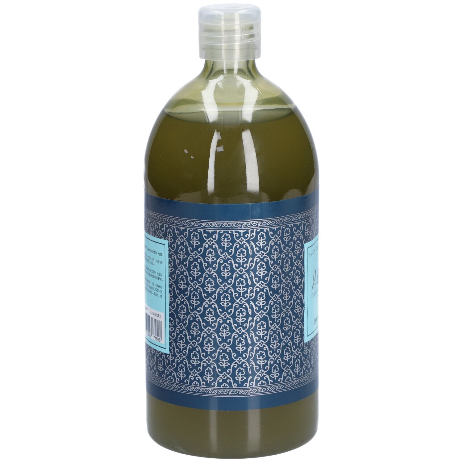 Vue arrière du savon liquide vert dans une bouteille transparente. Bande bleue avec motif.