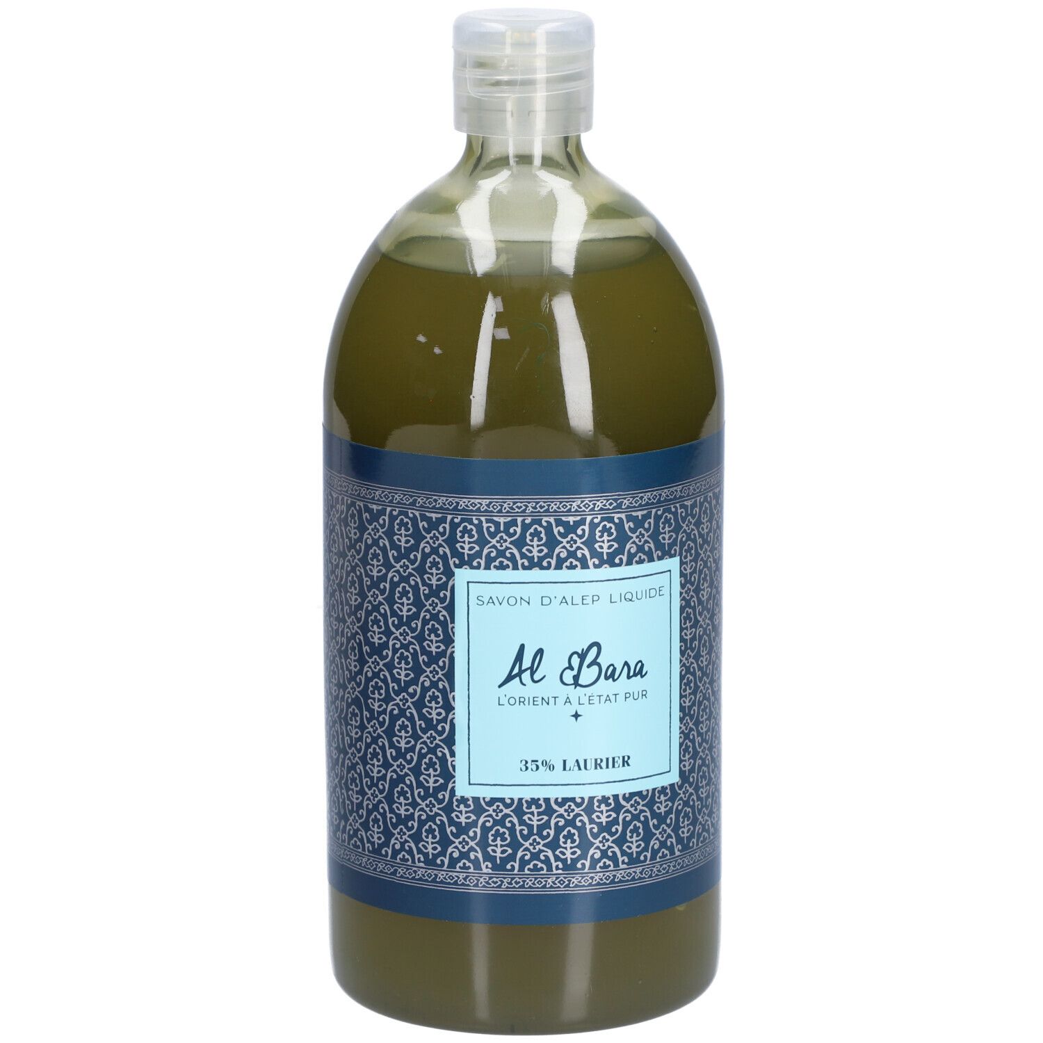 Savon liquide vert dans une bouteille transparente. Inscription : Al Bara, 35% Laurier.