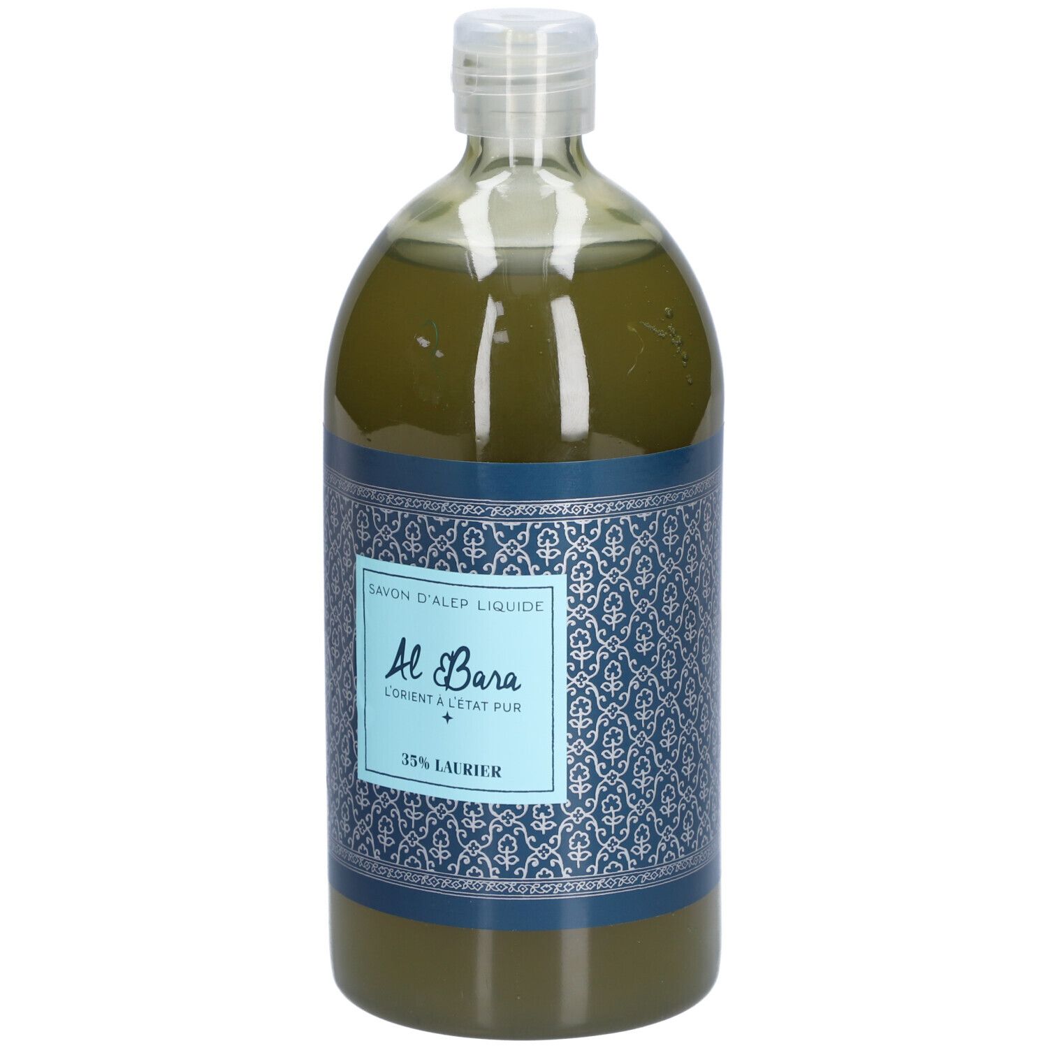 Savon liquide vert dans une bouteille transparente. Inscription : Al Bara, 35% Laurier.