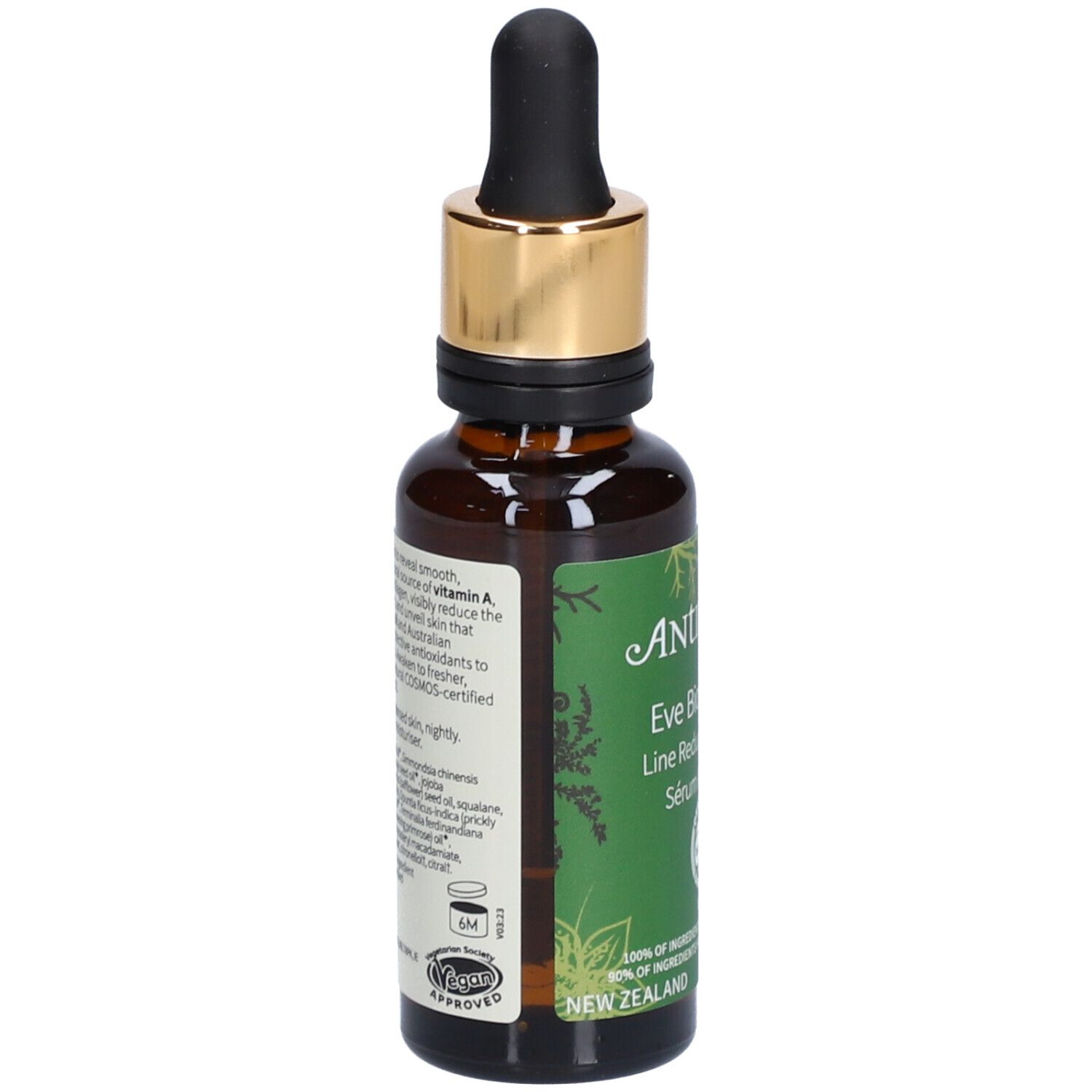 Rückseite der braunen Glasflasche. Text: Inhaltsstoffe, Anwendungshinweise. Vegan-Siegel. Zertifizierungen.
