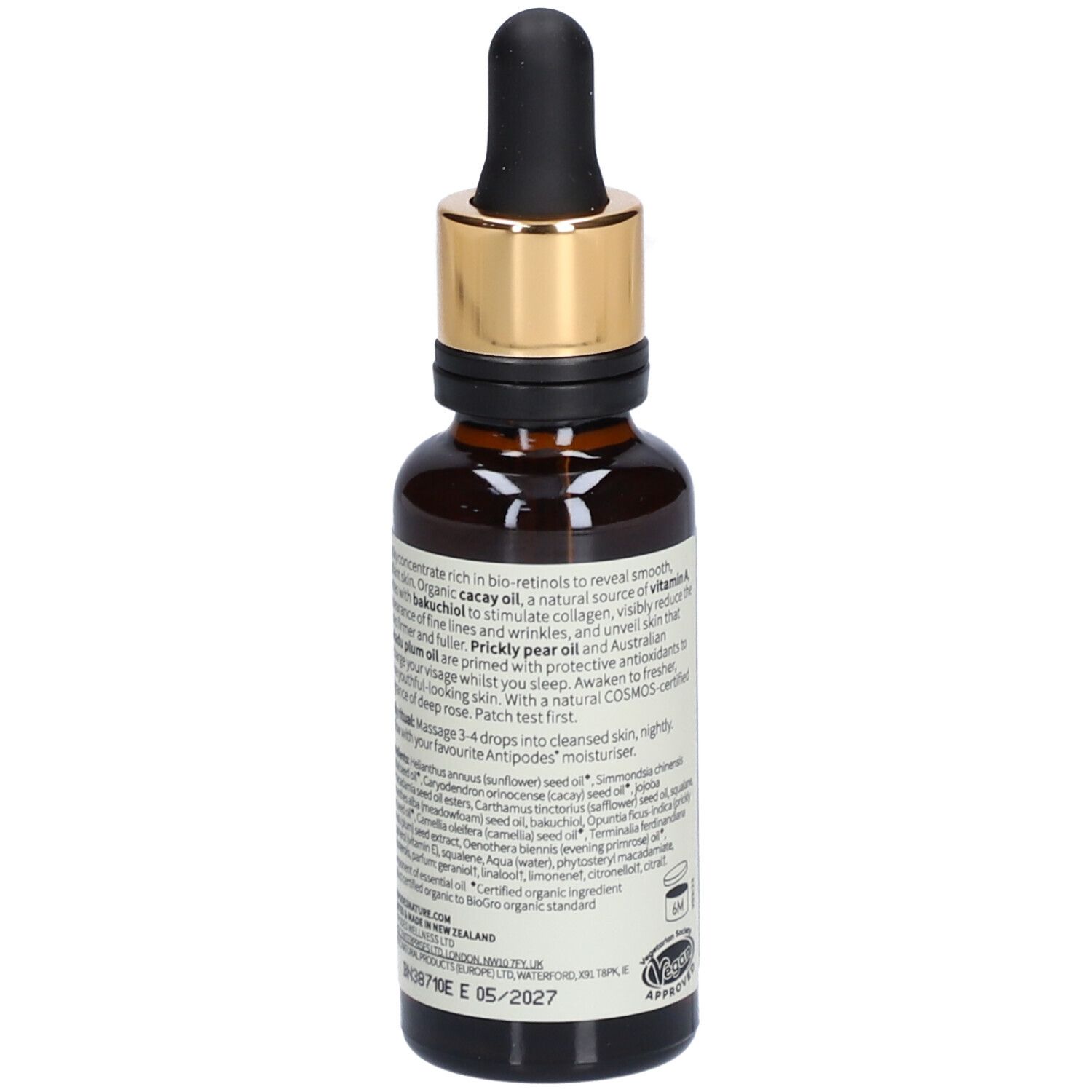 Rückseite der braunen Glasflasche. Text: Inhaltsstoffe, Anwendungshinweise. Vegan-Siegel. Zertifizierungen.