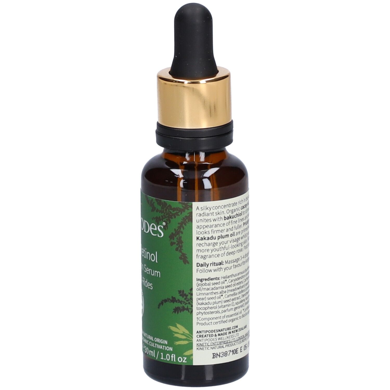Rückseite der braunen Glasflasche. Text: Inhaltsstoffe, Anwendungshinweise. Vegan-Siegel. Zertifizierungen.