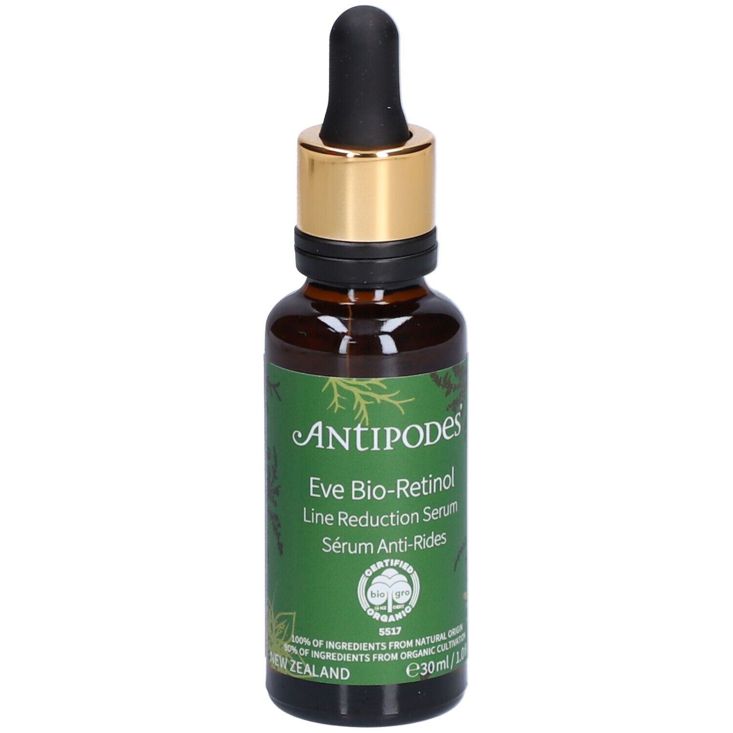 Braune Glasflasche mit Pipette. Aufschrift: Antipodes Eve Bio-Retinol Line Reduction Serum. Zertifiziertes Bio-Siegel.