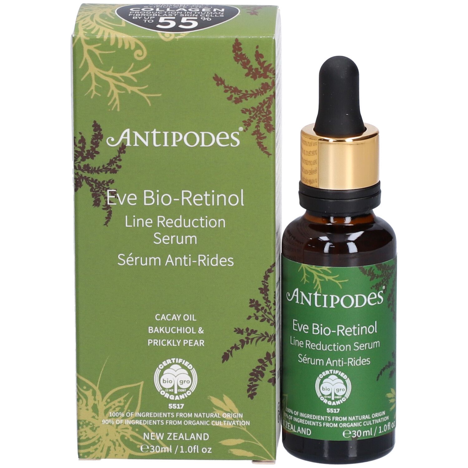 Produkt und Verpackung. Braune Flasche mit Pipette und grüne Schachtel. Aufschrift: Antipodes Eve Bio-Retinol Serum.