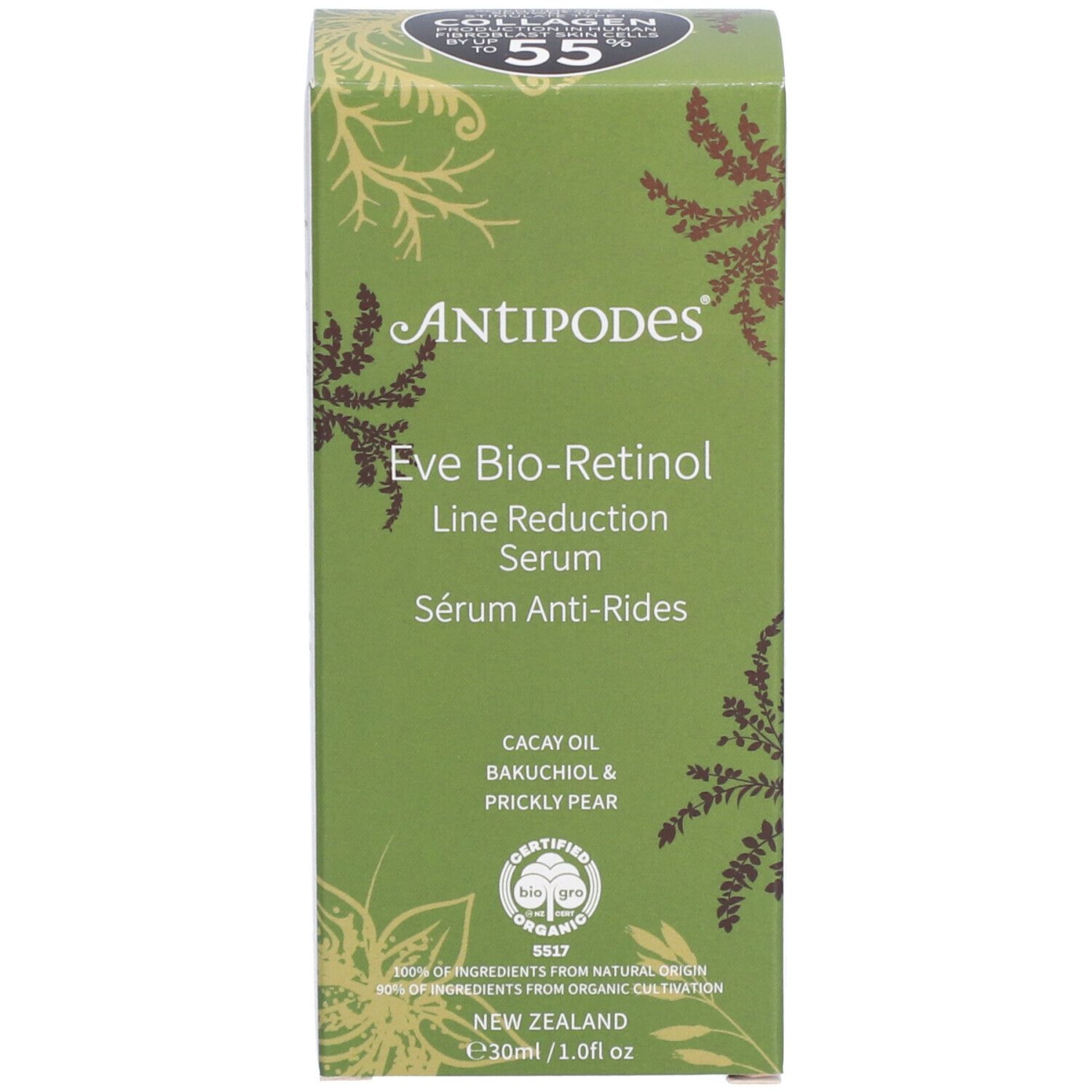 Grüne Schachtel mit Aufschrift: Antipodes Eve Bio-Retinol Line Reduction Serum. Zertifiziertes Bio-Siegel. Text und Illustrationen.
