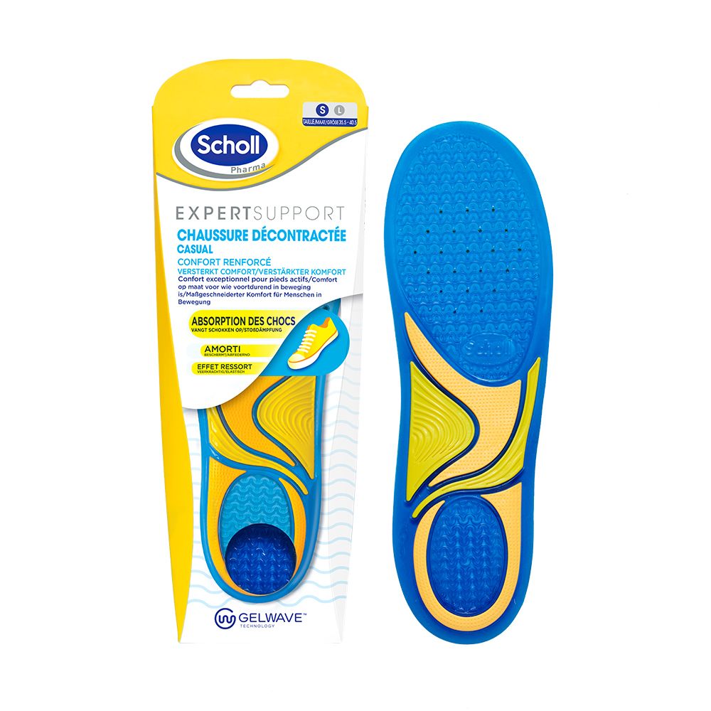 Scholl Expert Support inlegzolen, blauw en geel. Gelwave-technologie. Schokabsorptie. Zool naast verpakking.