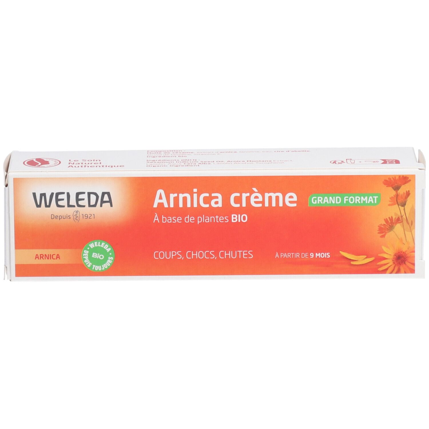 Schachtel. Aufschrift: Arnica crème, WELEDA. Grün-Siegel. Großformat.