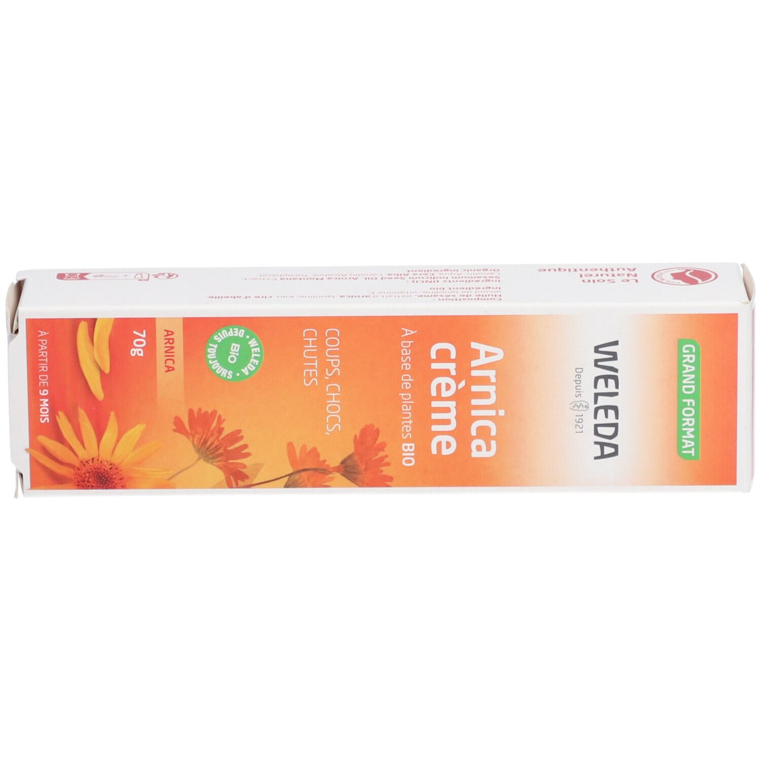 Schachtel. Aufschrift: Arnica crème, WELEDA. Grün-Siegel. Großformat. 70g.