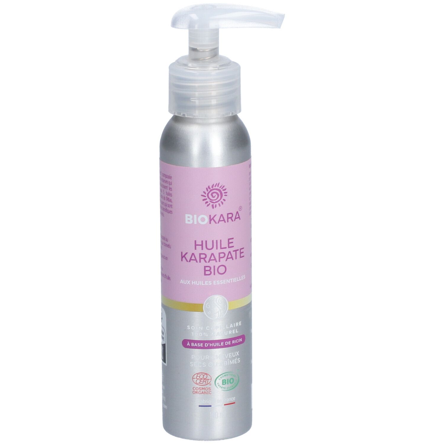Flacon argenté avec pompe. Étiquette avec nom et logo du produit. Certification biologique.