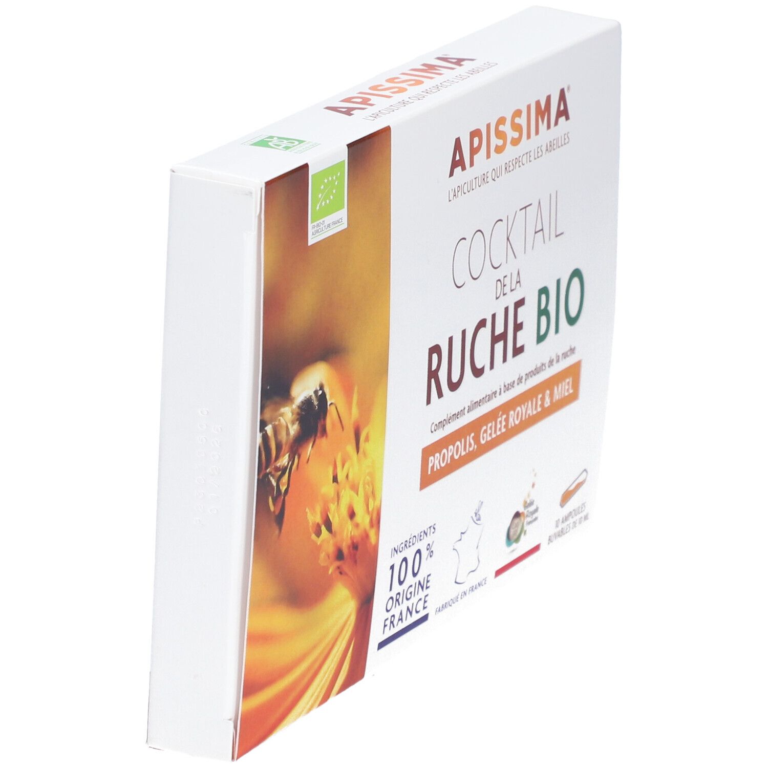 Vue oblique de la boîte APISSIMA® Cocktail de la ruche Bio. Carton blanc avec nom du produit et label bio.