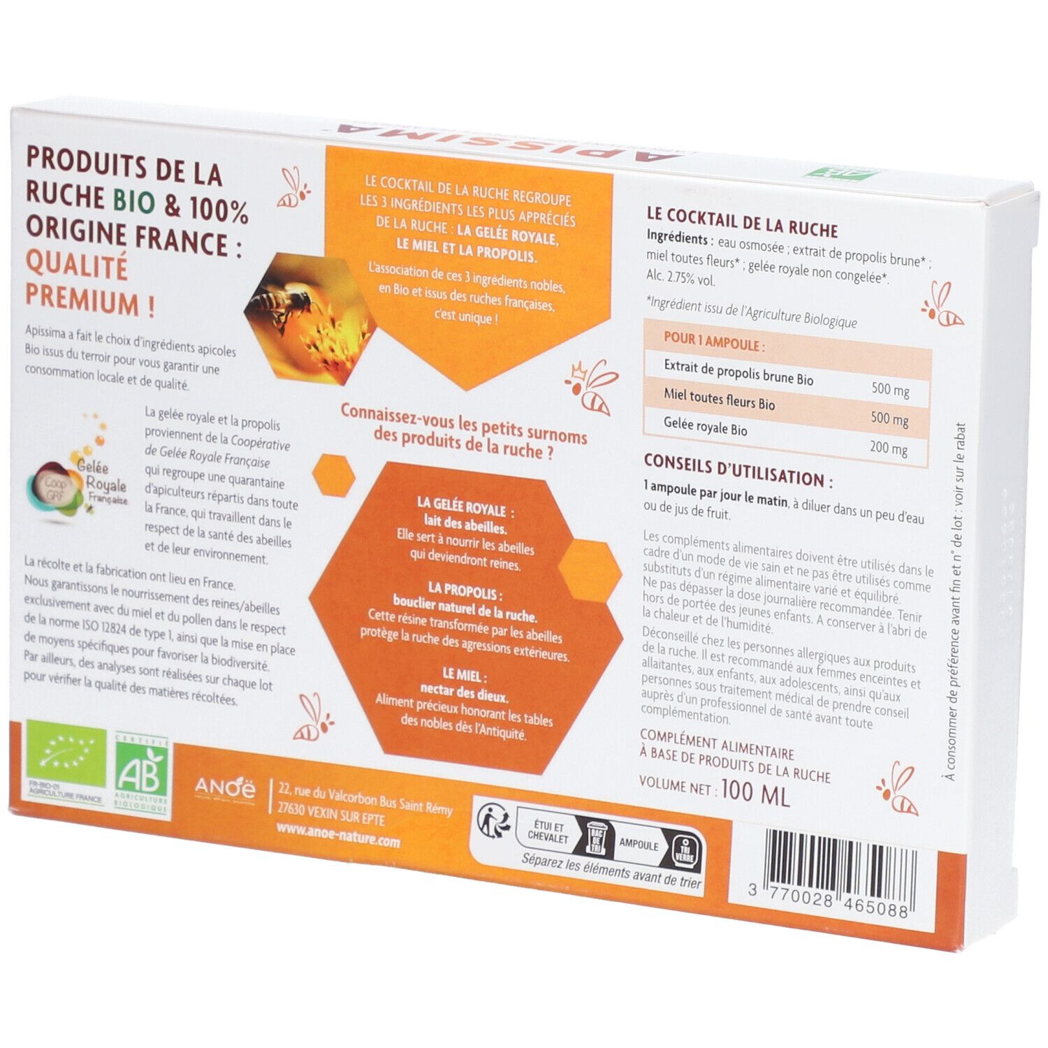 Dos de la boîte APISSIMA® Cocktail de la ruche Bio. Texte avec ingrédients, dosage et label bio.